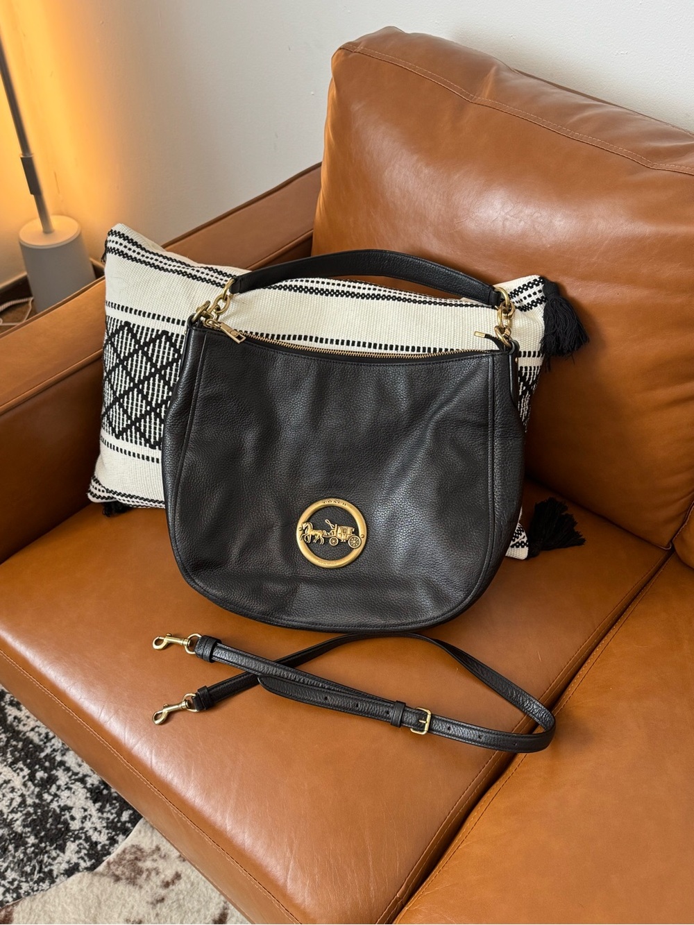 Coach Black Leather Hobo Shoulder Bag with Brass Hardware